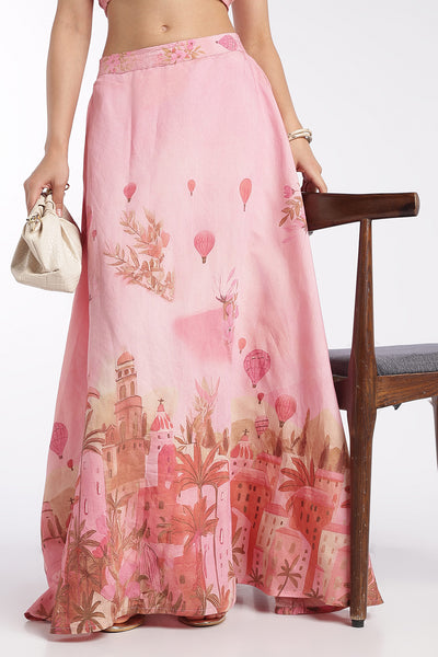 Womens Flared Pink High Rise Placement Print Skirt