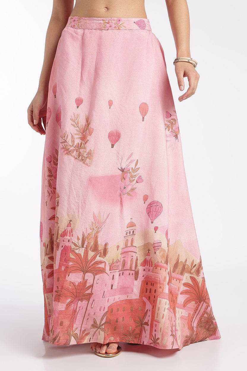 Womens Flared Pink High Rise Placement Print Skirt - Image 2