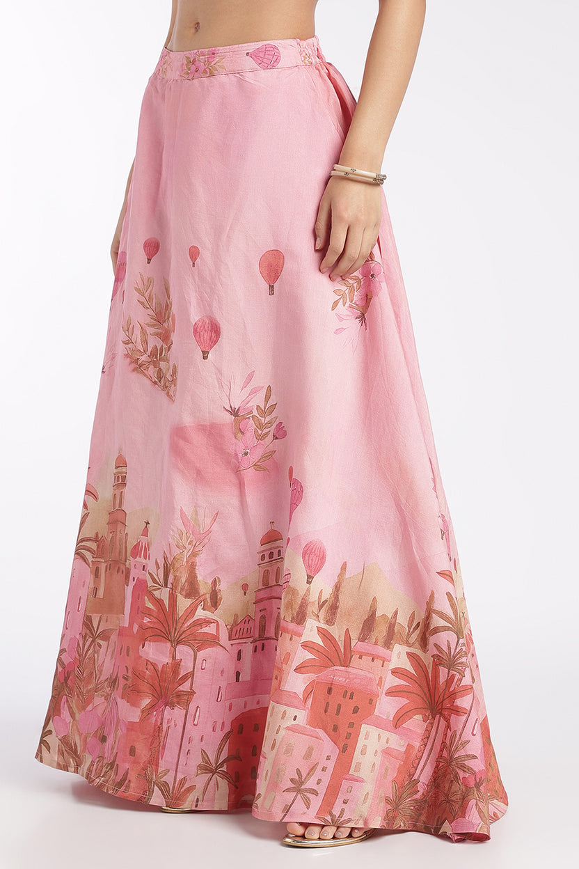 Womens Flared Pink High Rise Placement Print Skirt - Image 4