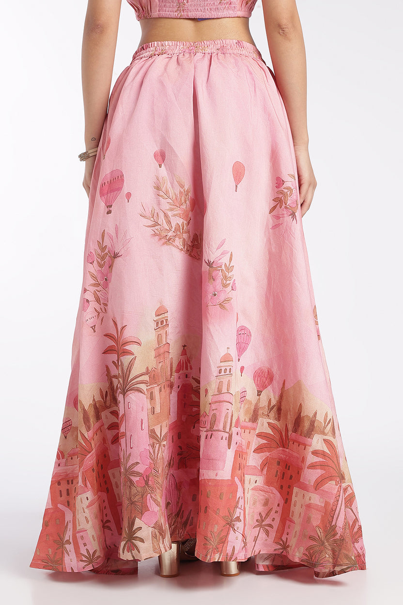 Womens Flared Pink High Rise Placement Print Skirt - Image 5