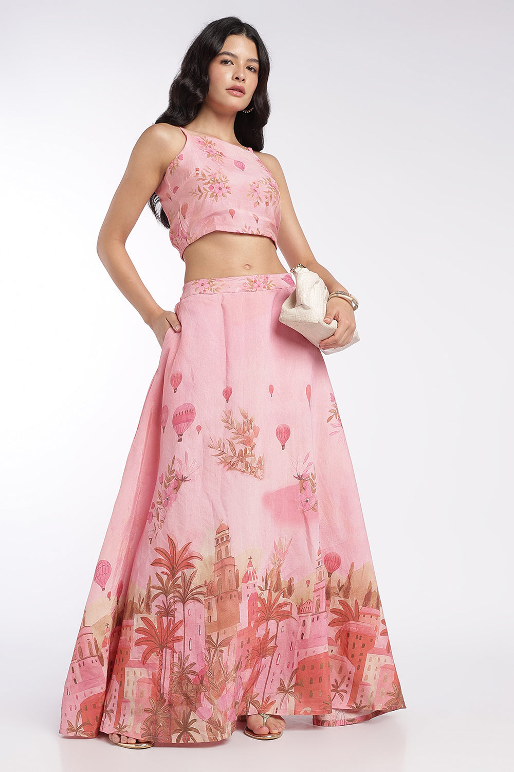 Womens Flared Pink High Rise Placement Print Skirt - Image 6