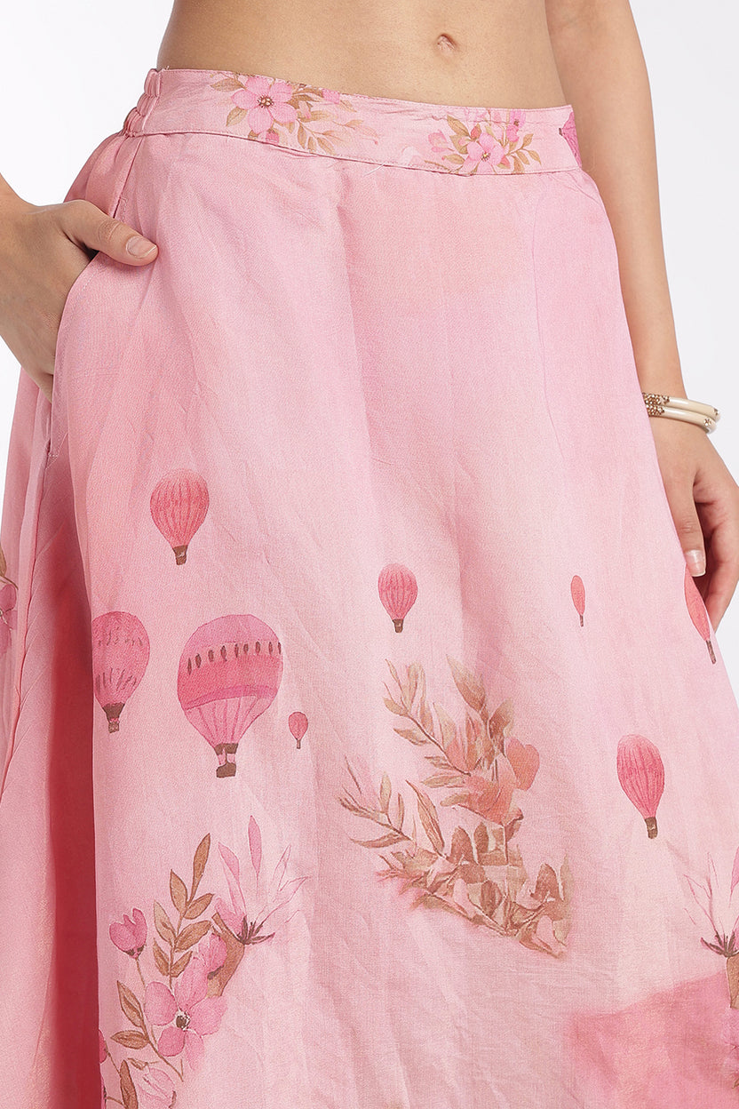 Womens Flared Pink High Rise Placement Print Skirt - Image 7