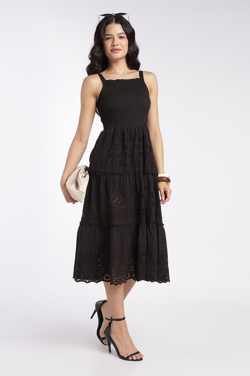 Womens Black Shoulder Straps Sleeves Flared Fit Dress - Image 1
