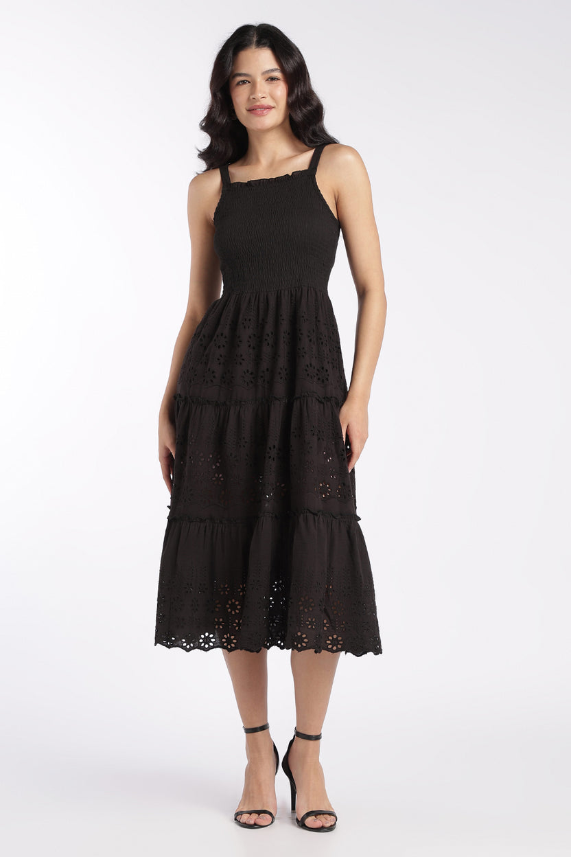 Womens Black Shoulder Straps Sleeves Flared Fit Dress - Image 2