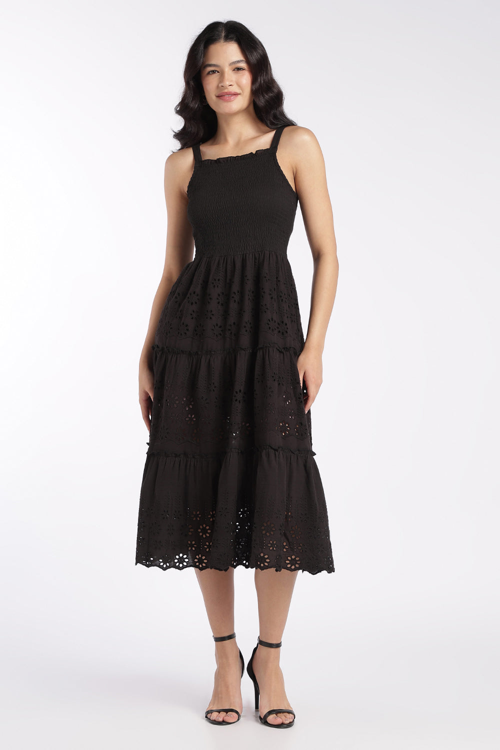 Womens Black Shoulder Straps Sleeves Flared Fit Dress - Image 2