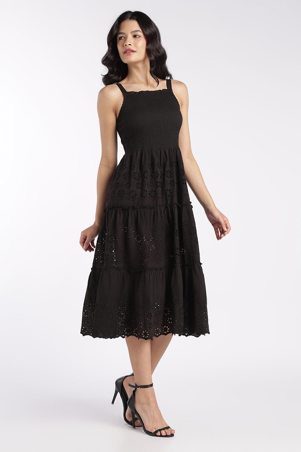Womens Black Shoulder Straps Sleeves Flared Fit Dress - Image 4