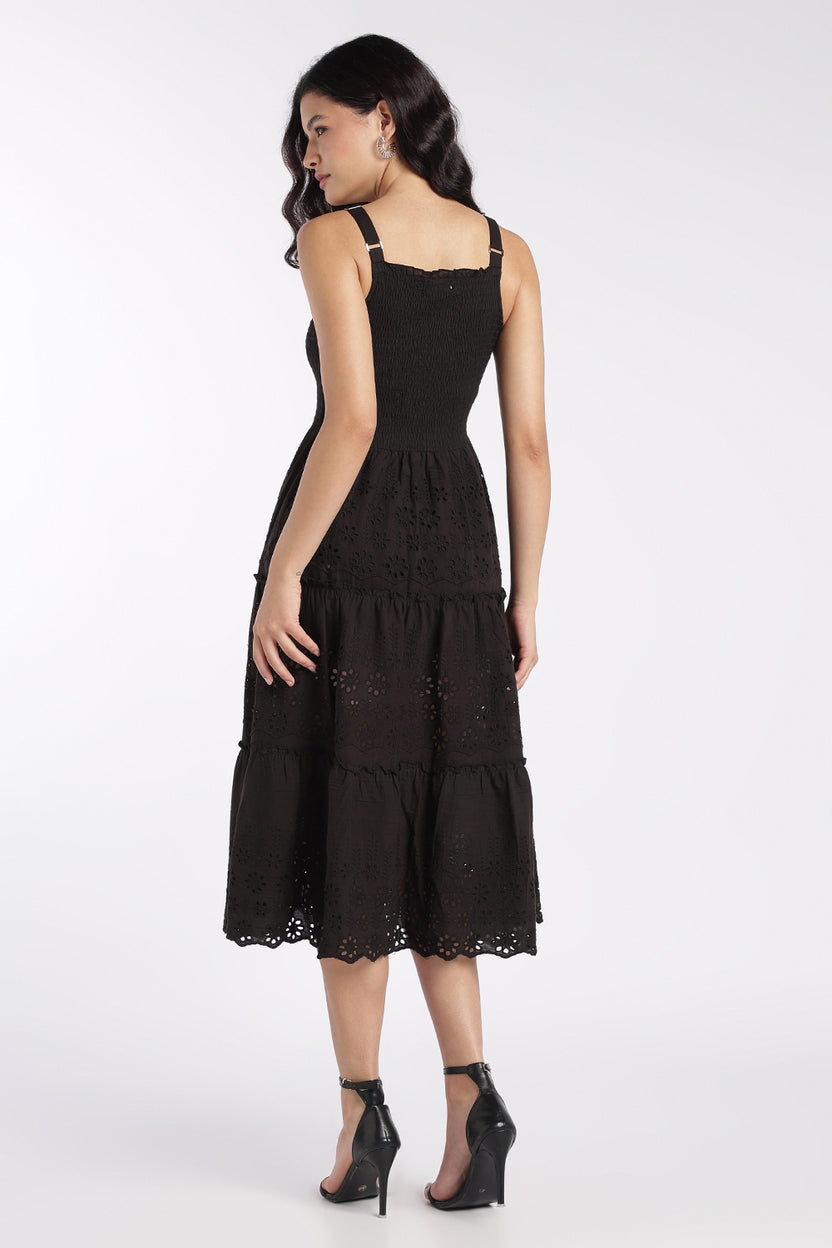 Womens Black Shoulder Straps Sleeves Flared Fit Dress - Image 5