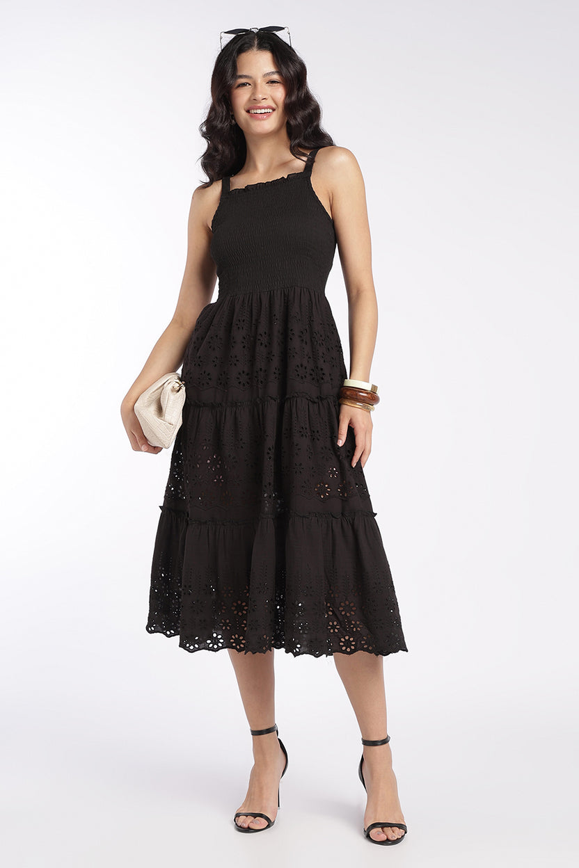 Womens Black Shoulder Straps Sleeves Flared Fit Dress - Image 6