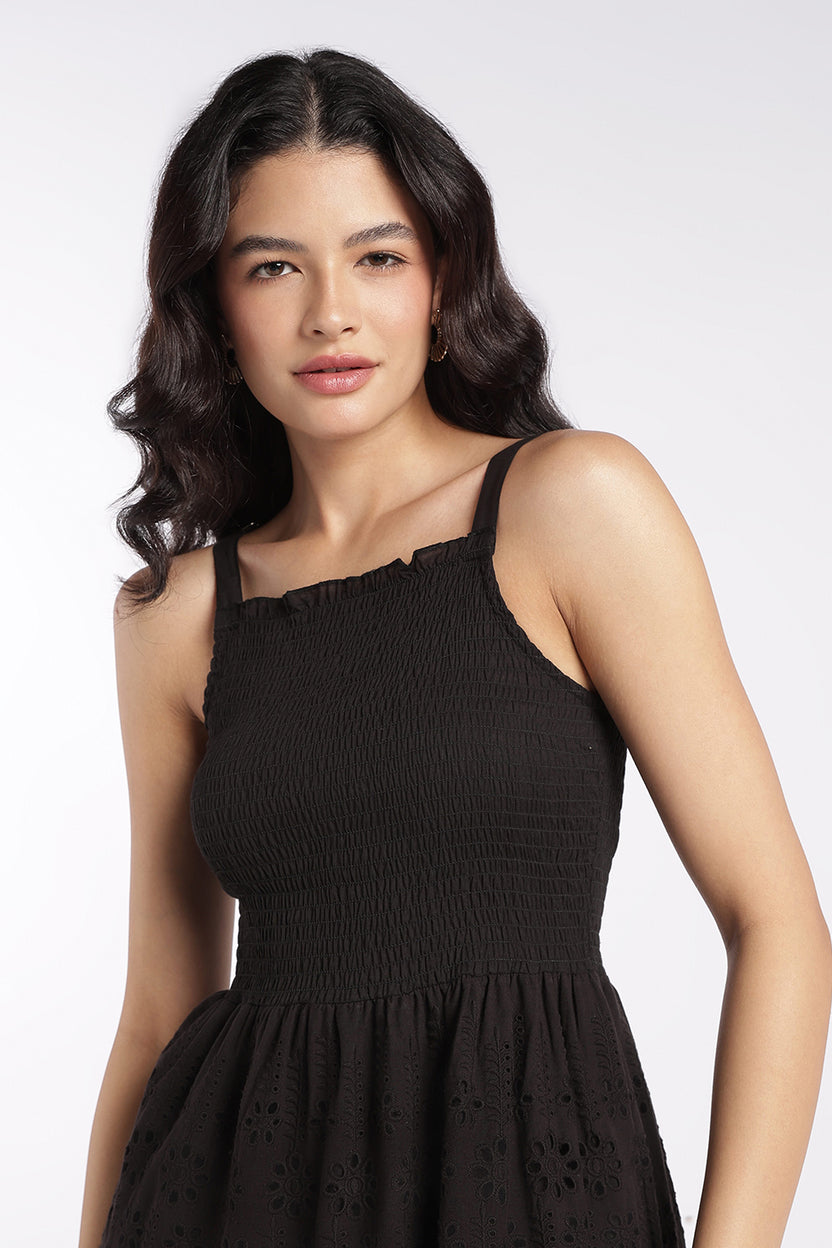 Womens Black Shoulder Straps Sleeves Flared Fit Dress - Image 7