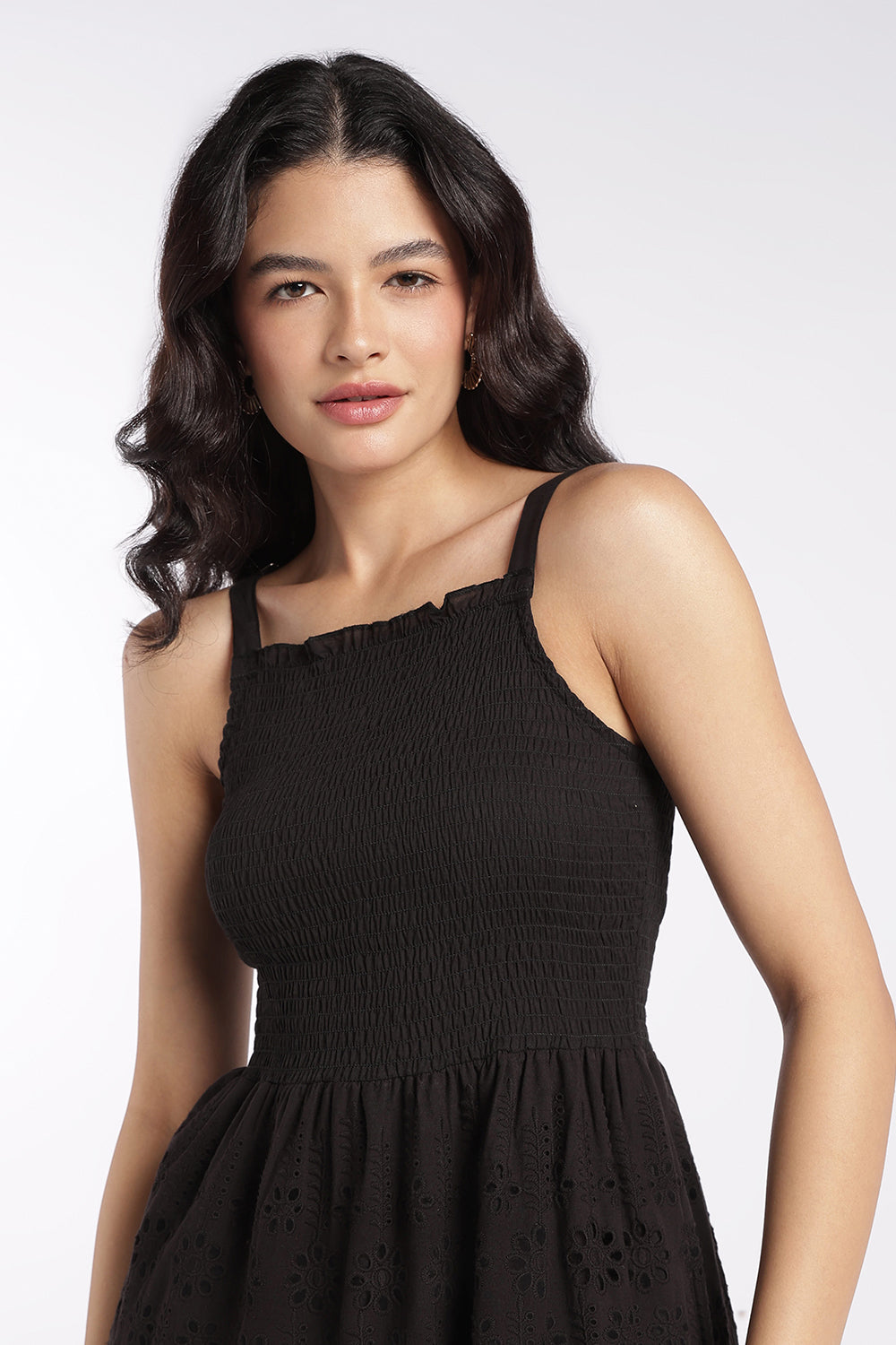 Womens Black Shoulder Straps Sleeves Flared Fit Dress - Image 7