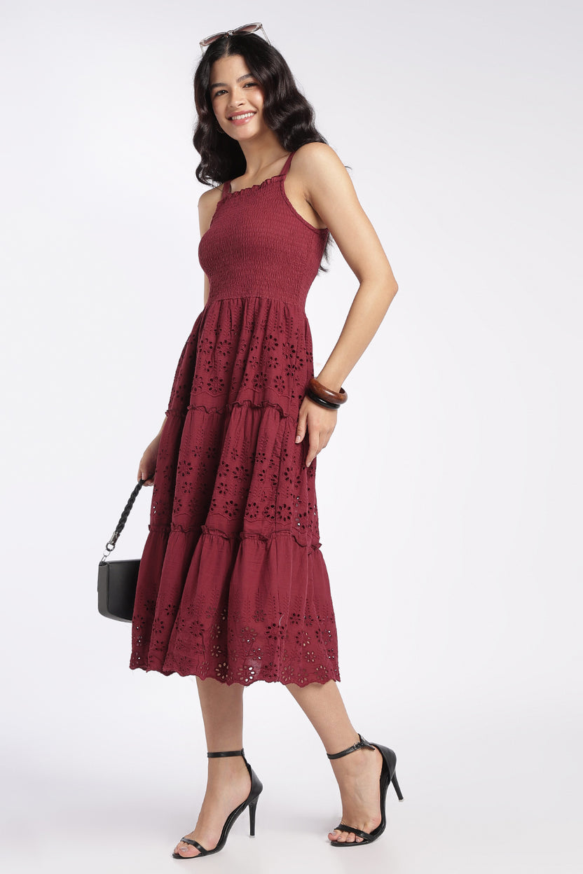 Womens Maroon Shoulder Straps Sleeves Flared Fit Dress - Image 1