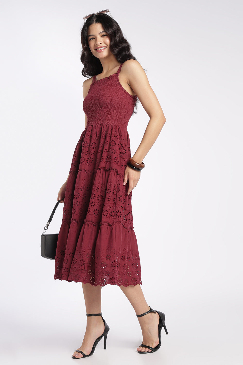 Womens Maroon Shoulder Straps Sleeves Flared Fit Dress - Image 1