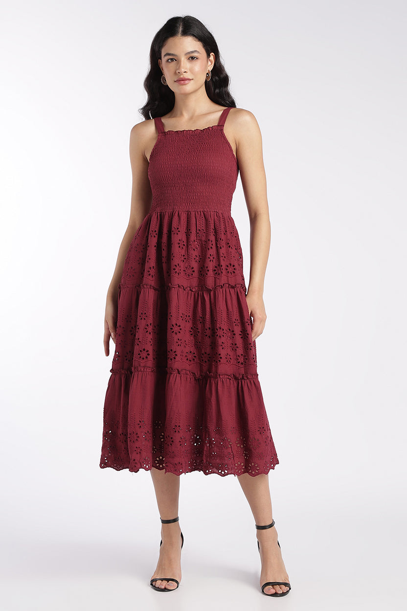 Womens Maroon Shoulder Straps Sleeves Flared Fit Dress - Image 2