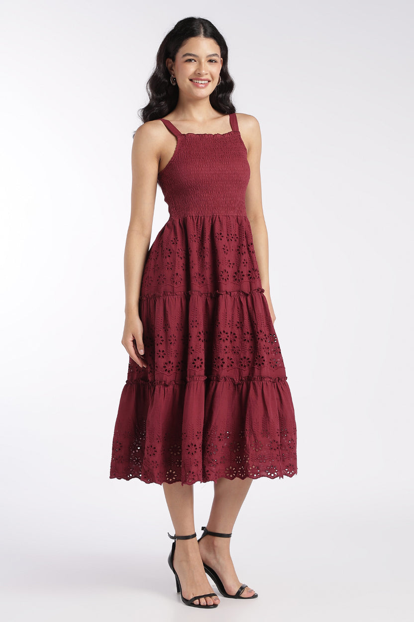 Womens Maroon Shoulder Straps Sleeves Flared Fit Dress - Image 4