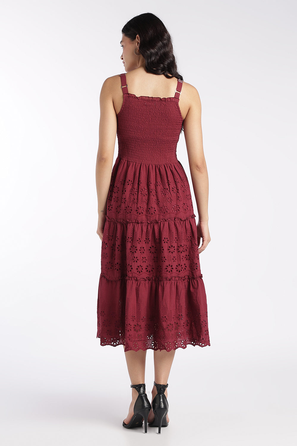 Womens Maroon Shoulder Straps Sleeves Flared Fit Dress - Image 5