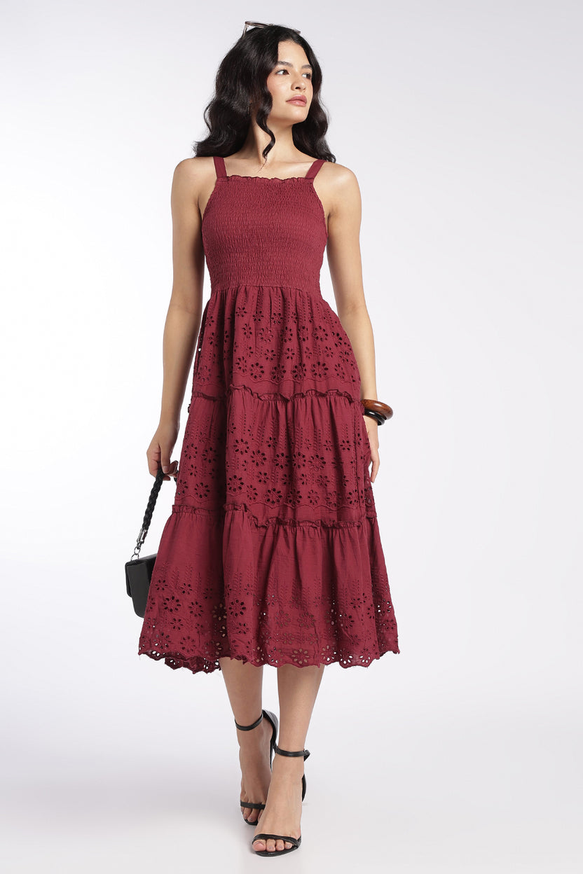 Womens Maroon Shoulder Straps Sleeves Flared Fit Dress - Image 6