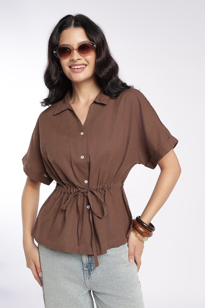 Womens Brown Drawstring Waist Peplum Top - Image 1