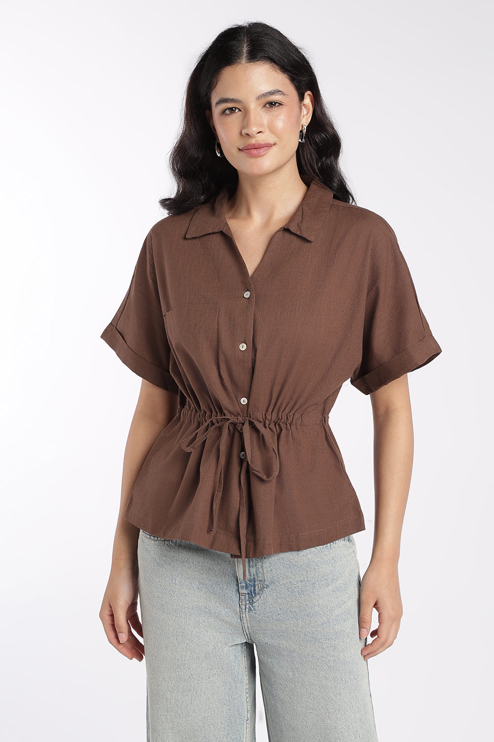 Womens Brown Drawstring Waist Peplum Top - Image 2