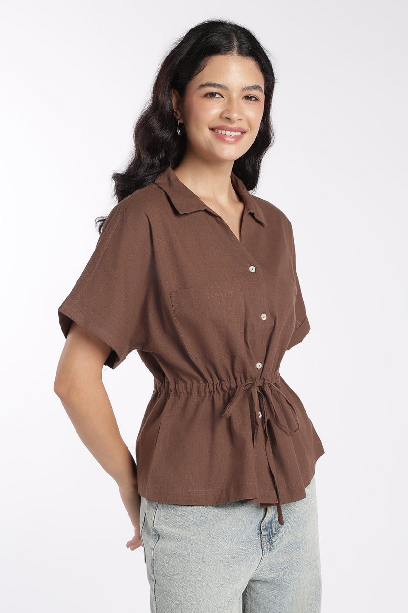 Womens Brown Drawstring Waist Peplum Top - Image 4