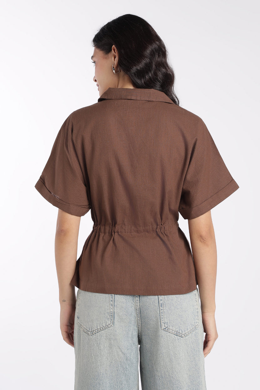 Womens Brown Drawstring Waist Peplum Top - Image 5
