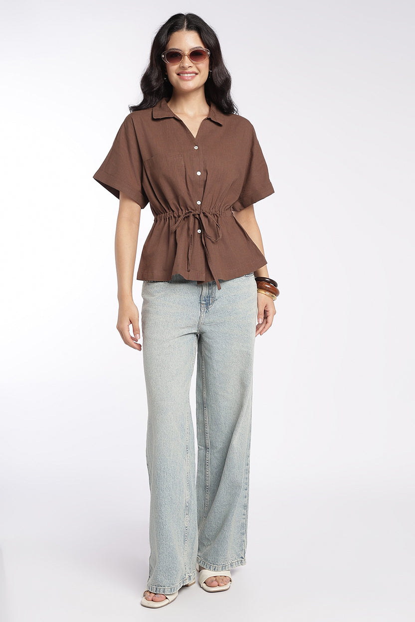 Womens Brown Drawstring Waist Peplum Top - Image 6