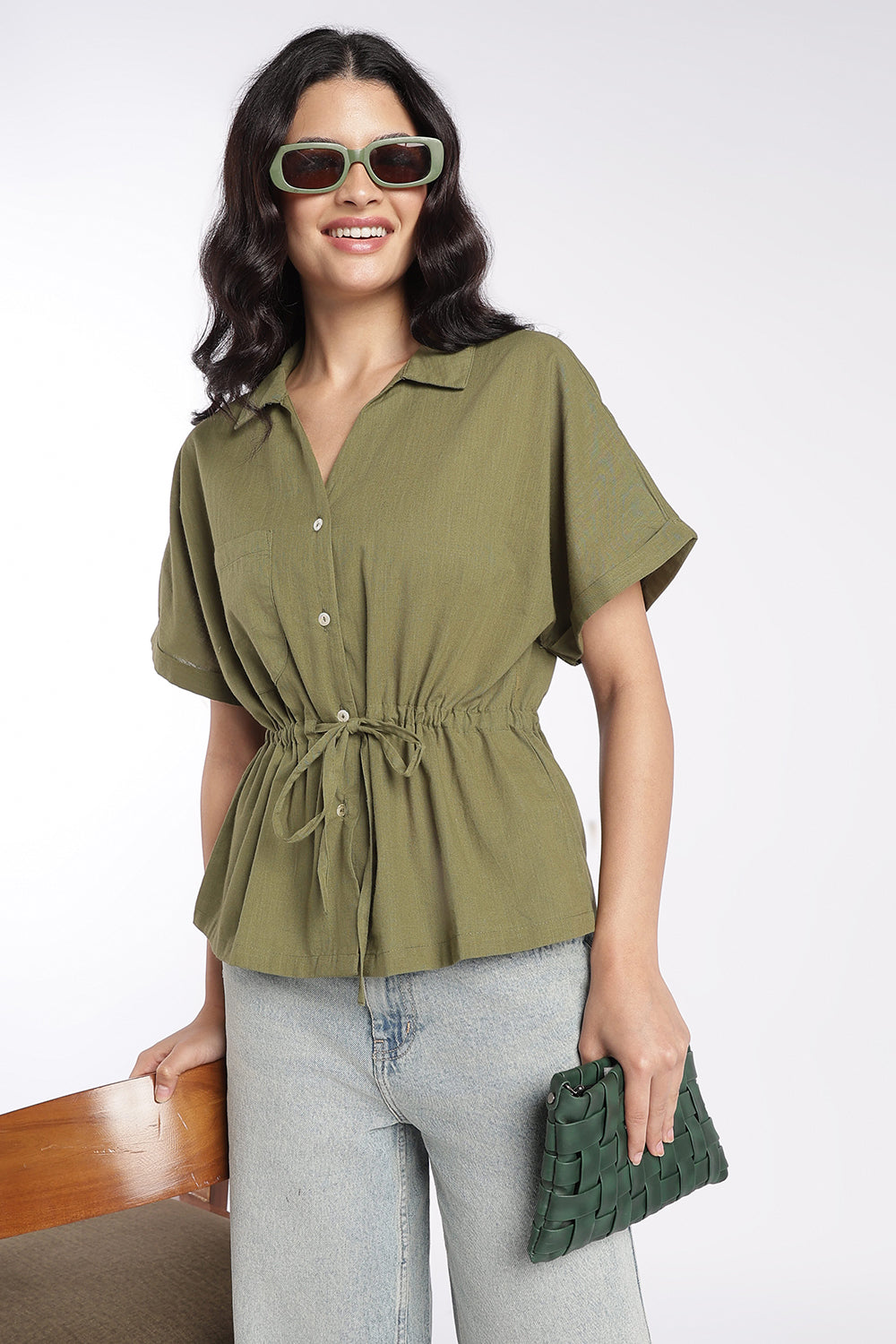 Womens Green Drawstring Waist Peplum Top - Image 1