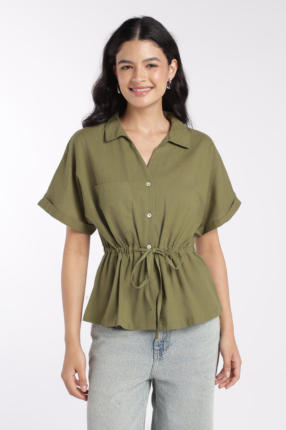 Womens Green Drawstring Waist Peplum Top - Image 2