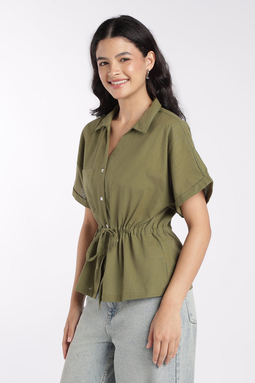 Womens Green Drawstring Waist Peplum Top - Image 4