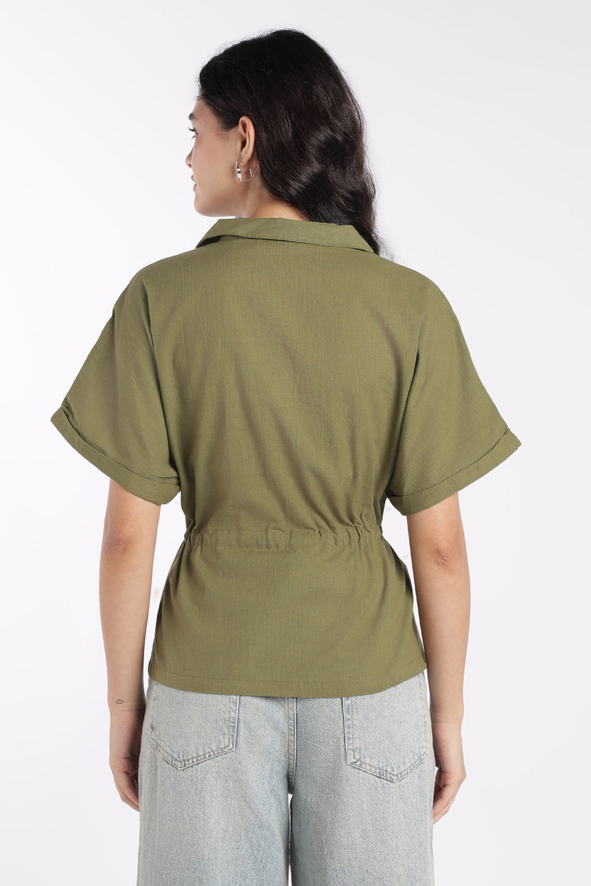 Womens Green Drawstring Waist Peplum Top - Image 5