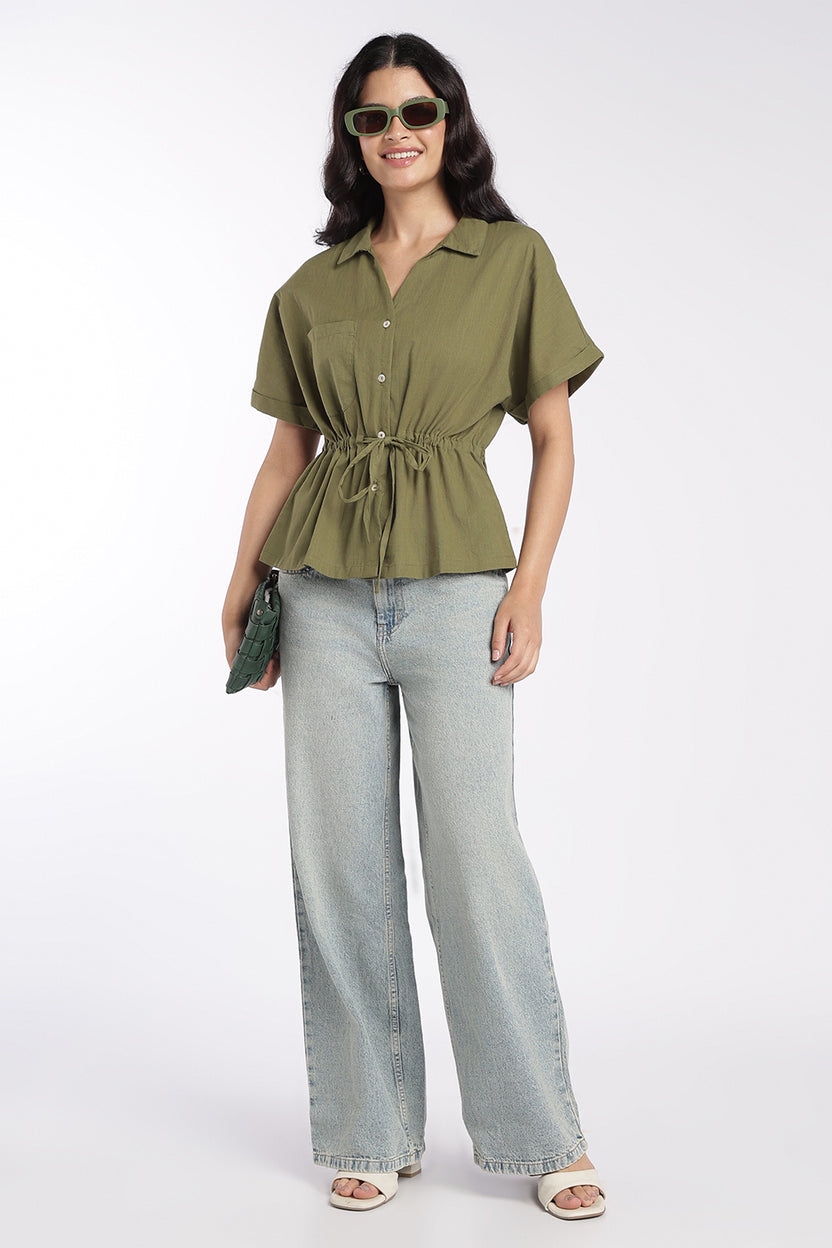 Womens Green Drawstring Waist Peplum Top - Image 6