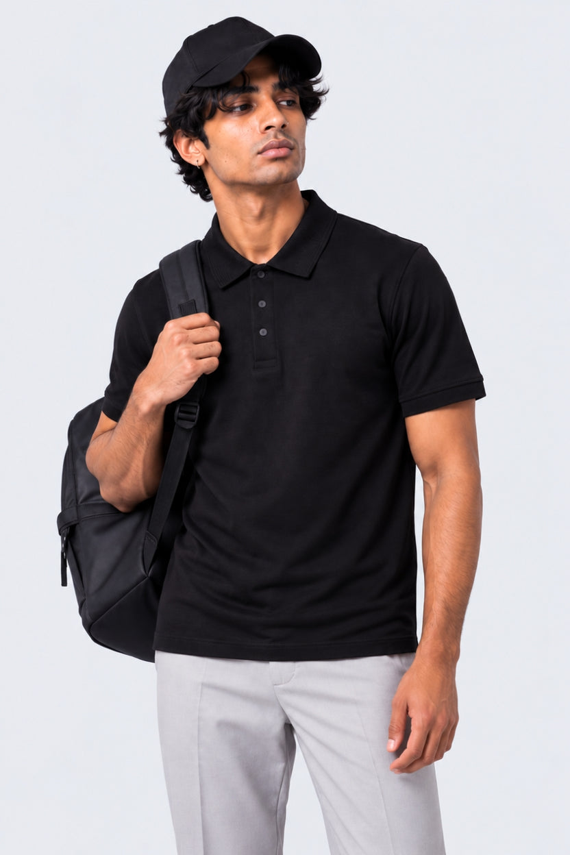 Mens Black Cotton Blend Regular Fit Polo T-Shirt - Image 1