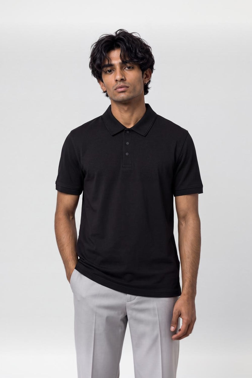 Mens Black Cotton Blend Regular Fit Polo T-Shirt - Image 2
