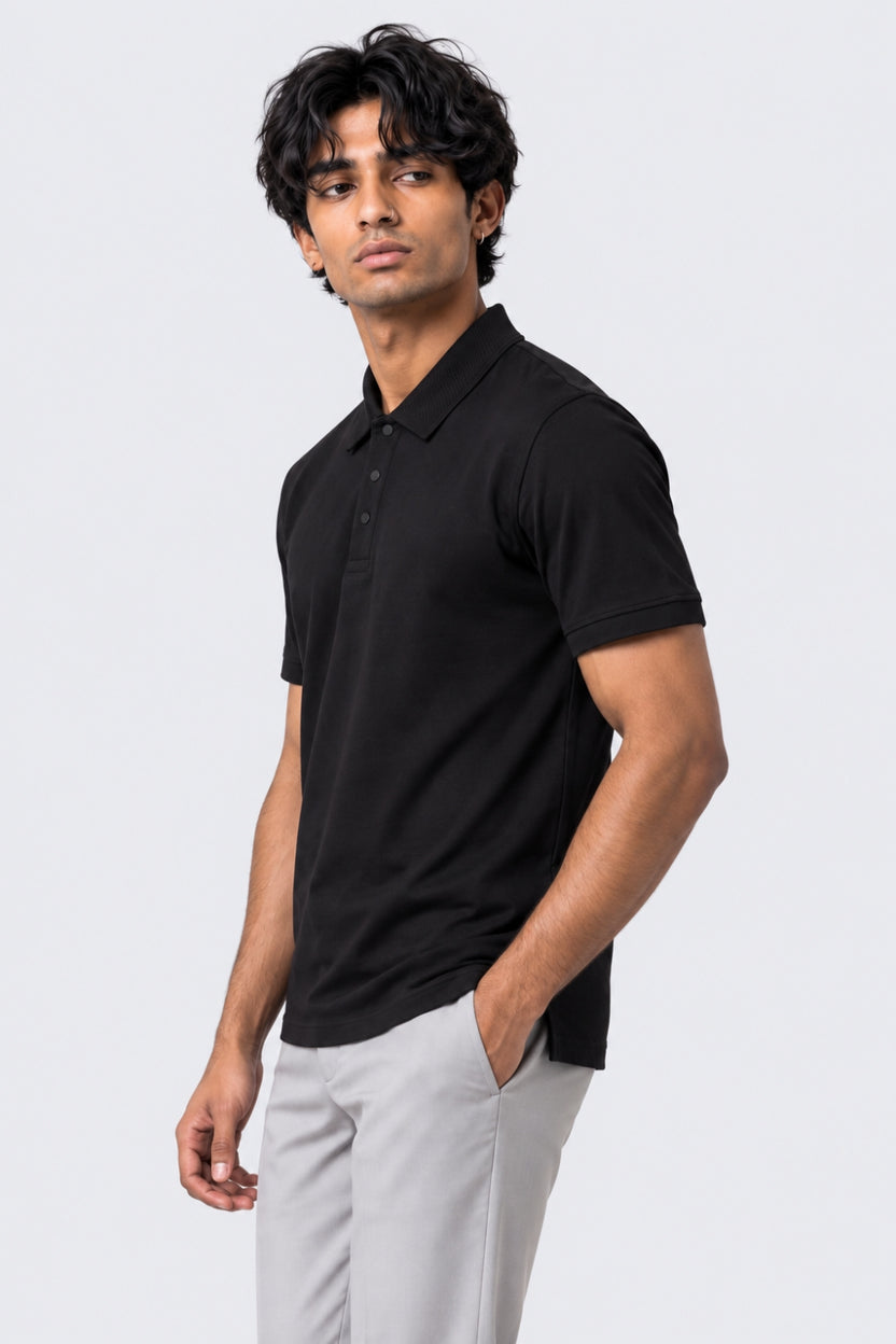 Mens Black Cotton Blend Regular Fit Polo T-Shirt - Image 4
