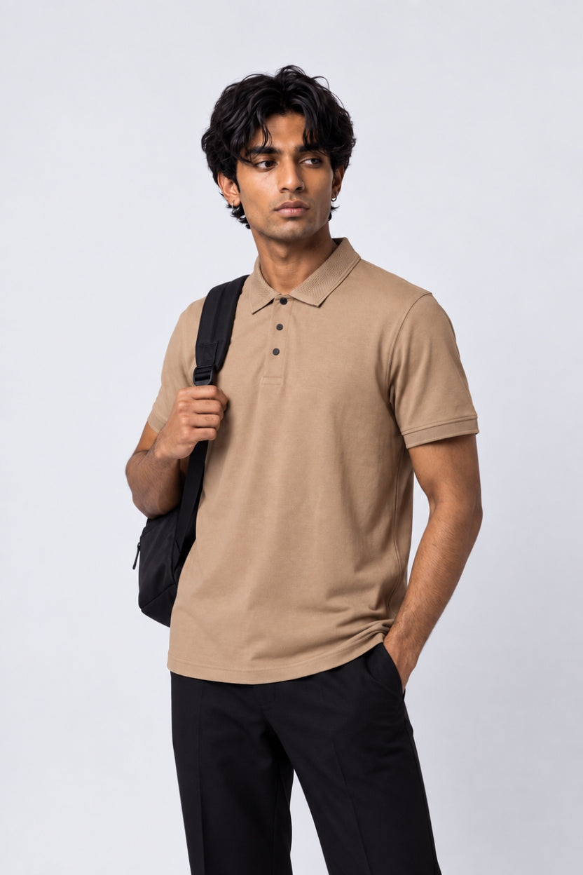 Mens Beige Cotton Blend Regular Fit Polo T-Shirt - Image 1