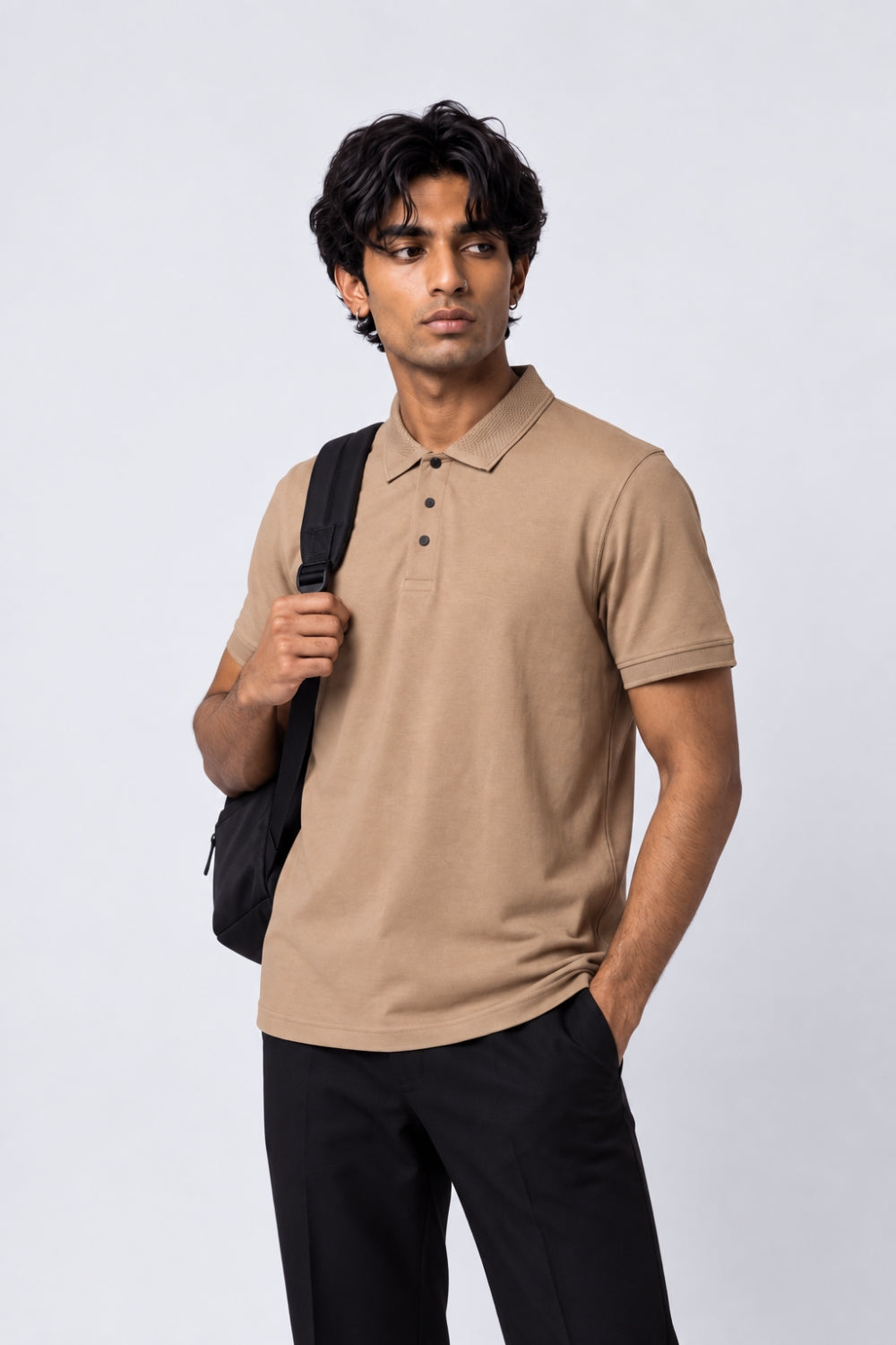 Mens Beige Cotton Blend Regular Fit Polo T-Shirt - Image 1