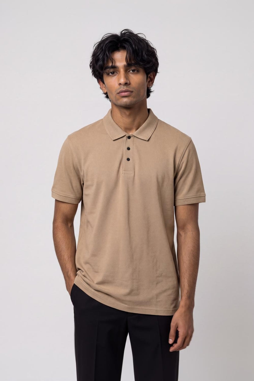 Mens Beige Cotton Blend Regular Fit Polo T-Shirt - Image 2
