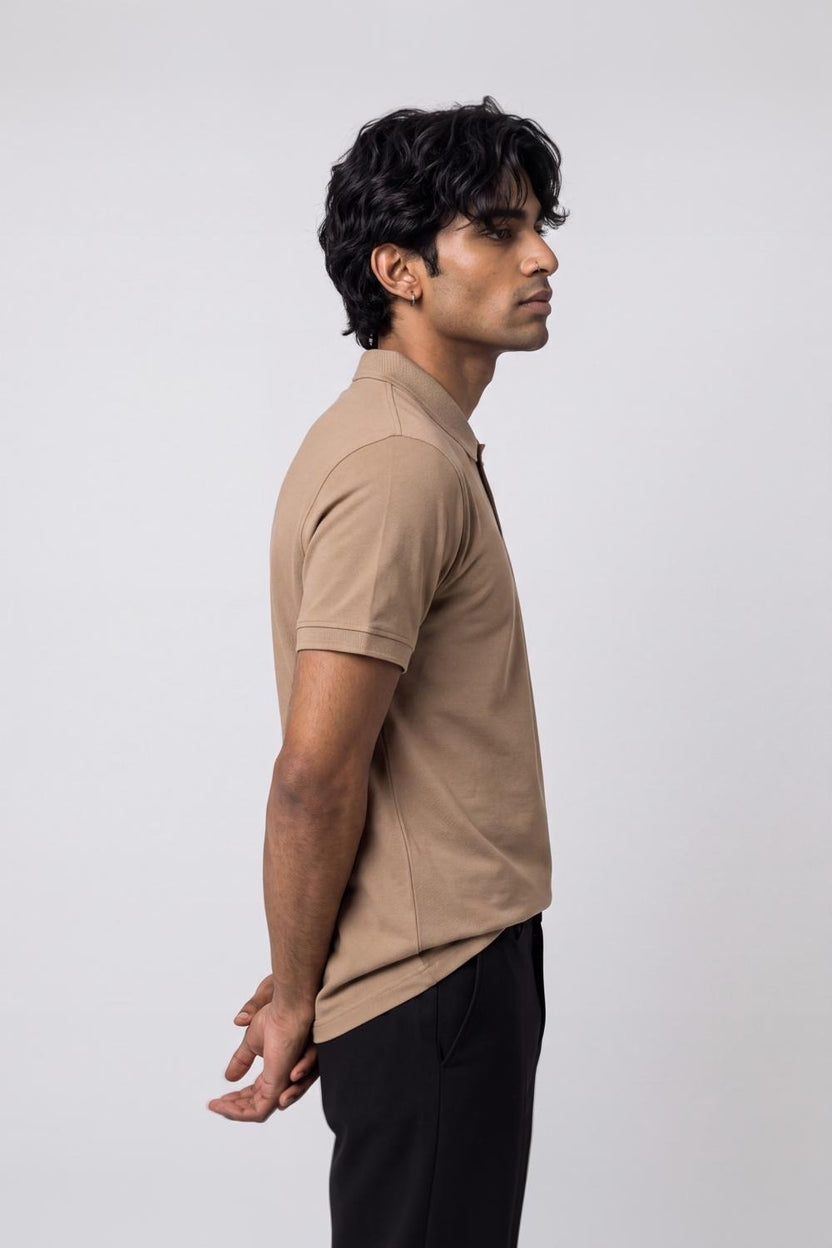 Mens Beige Cotton Blend Regular Fit Polo T-Shirt - Image 4