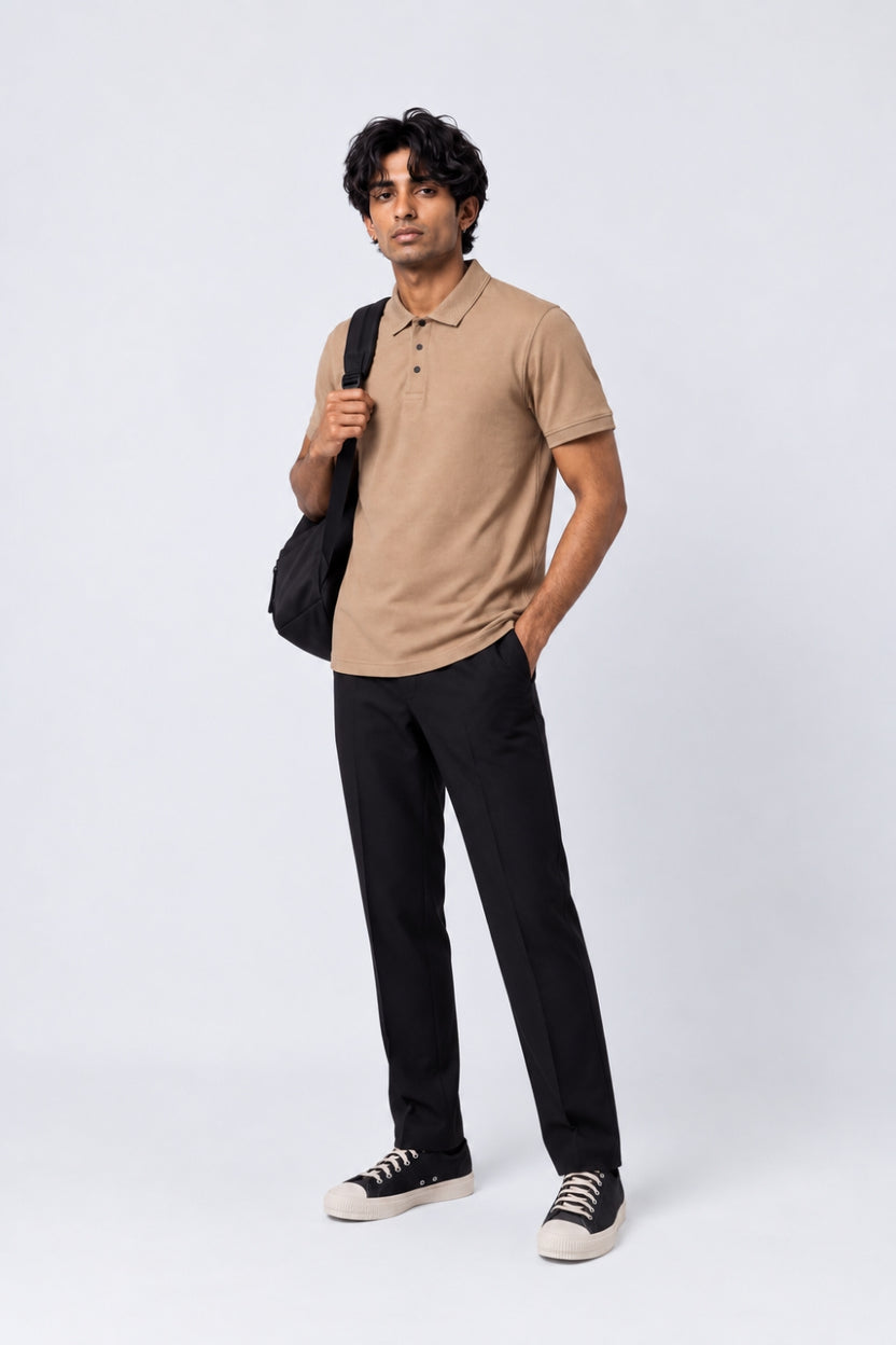 Mens Beige Cotton Blend Regular Fit Polo T-Shirt - Image 6