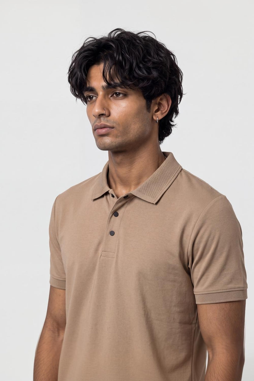Mens Beige Cotton Blend Regular Fit Polo T-Shirt - Image 9