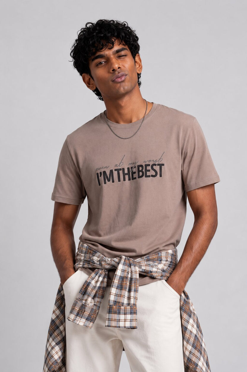 Mens Beige Cotton Regular Fit T-Shirt - Image 1