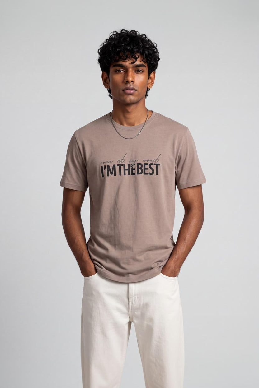 Mens Beige Cotton Regular Fit T-Shirt - Image 2