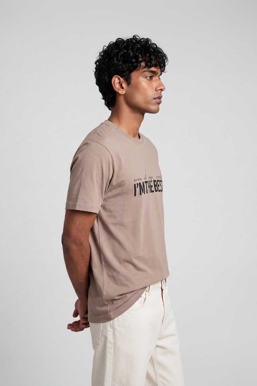 Mens Beige Cotton Regular Fit T-Shirt - Image 4