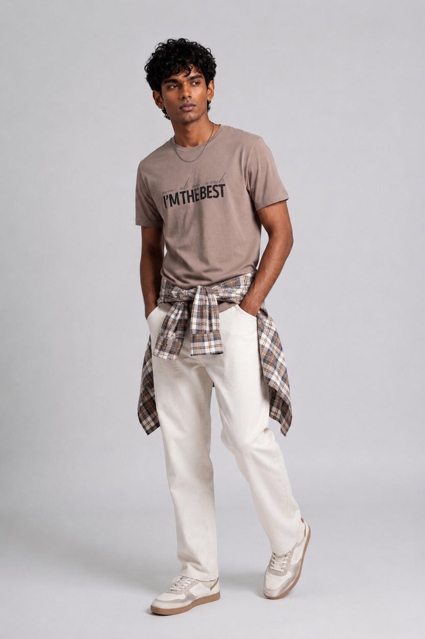 Mens Beige Cotton Regular Fit T-Shirt - Image 6
