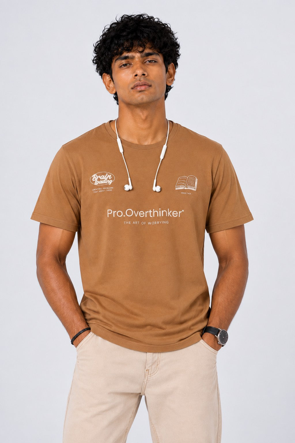 Mens Tan Cotton Regular Fit T-Shirt - Image 1
