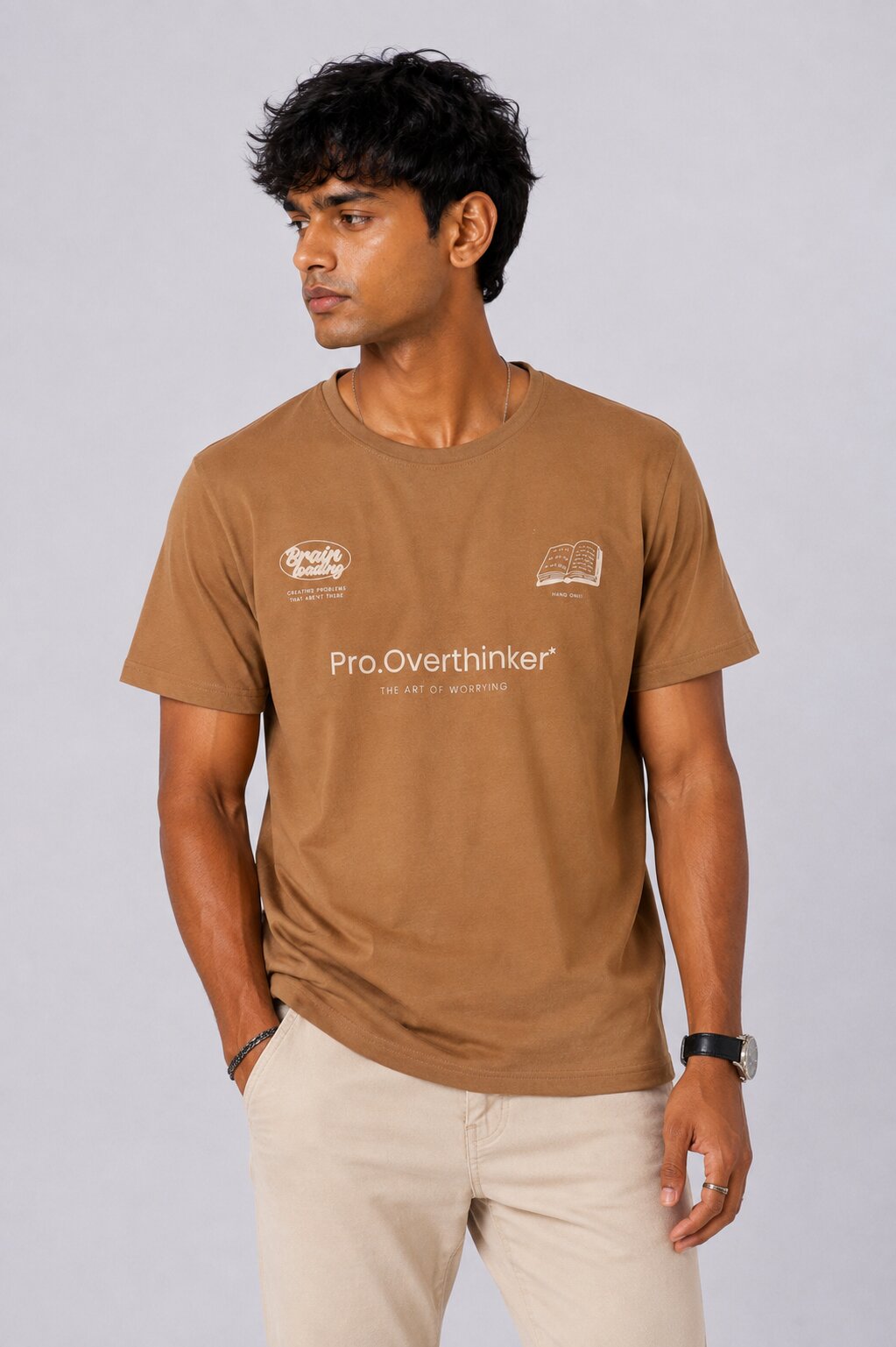 Mens Tan Cotton Regular Fit T-Shirt - Image 2