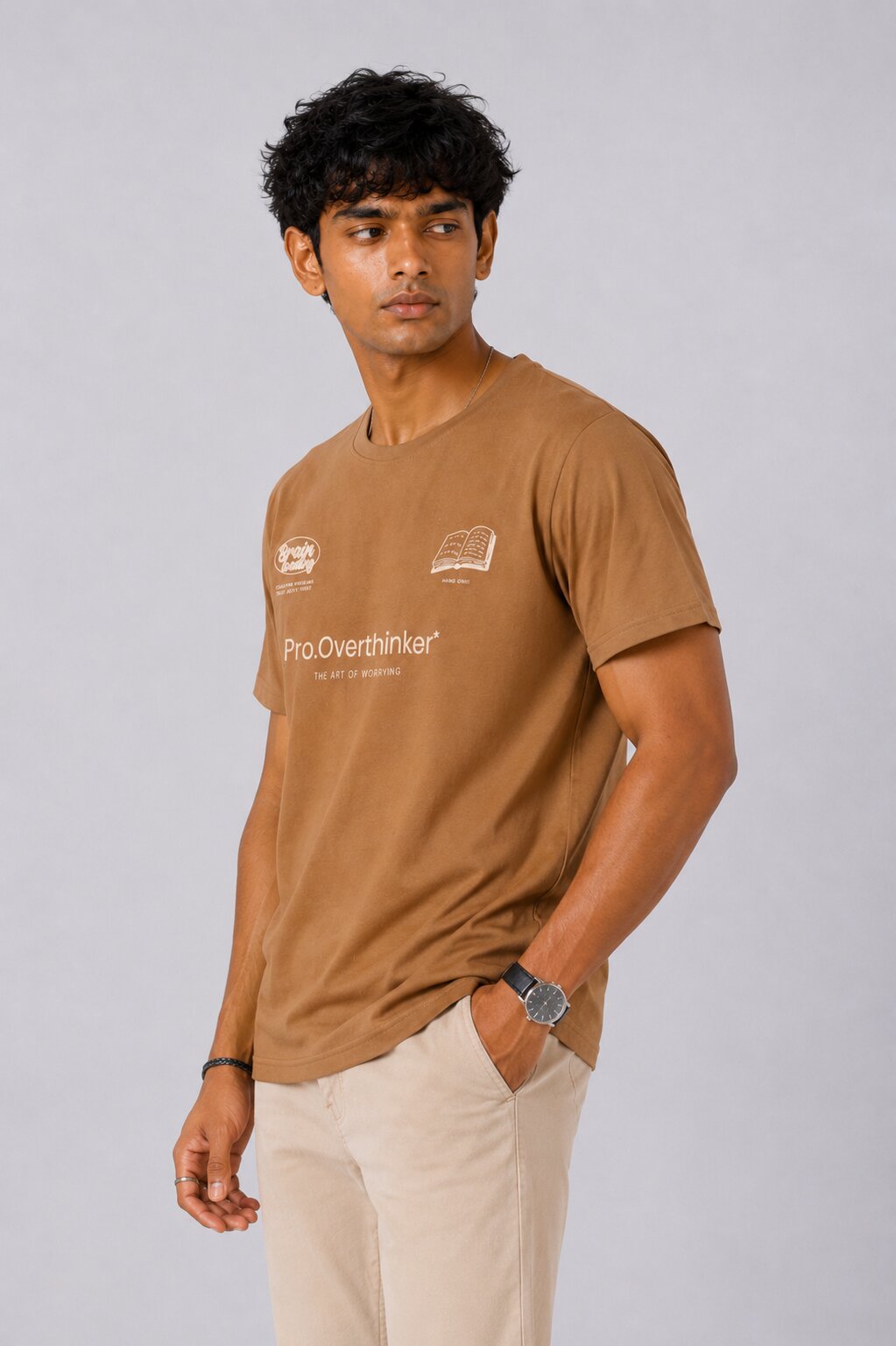 Mens Tan Cotton Regular Fit T-Shirt - Image 4