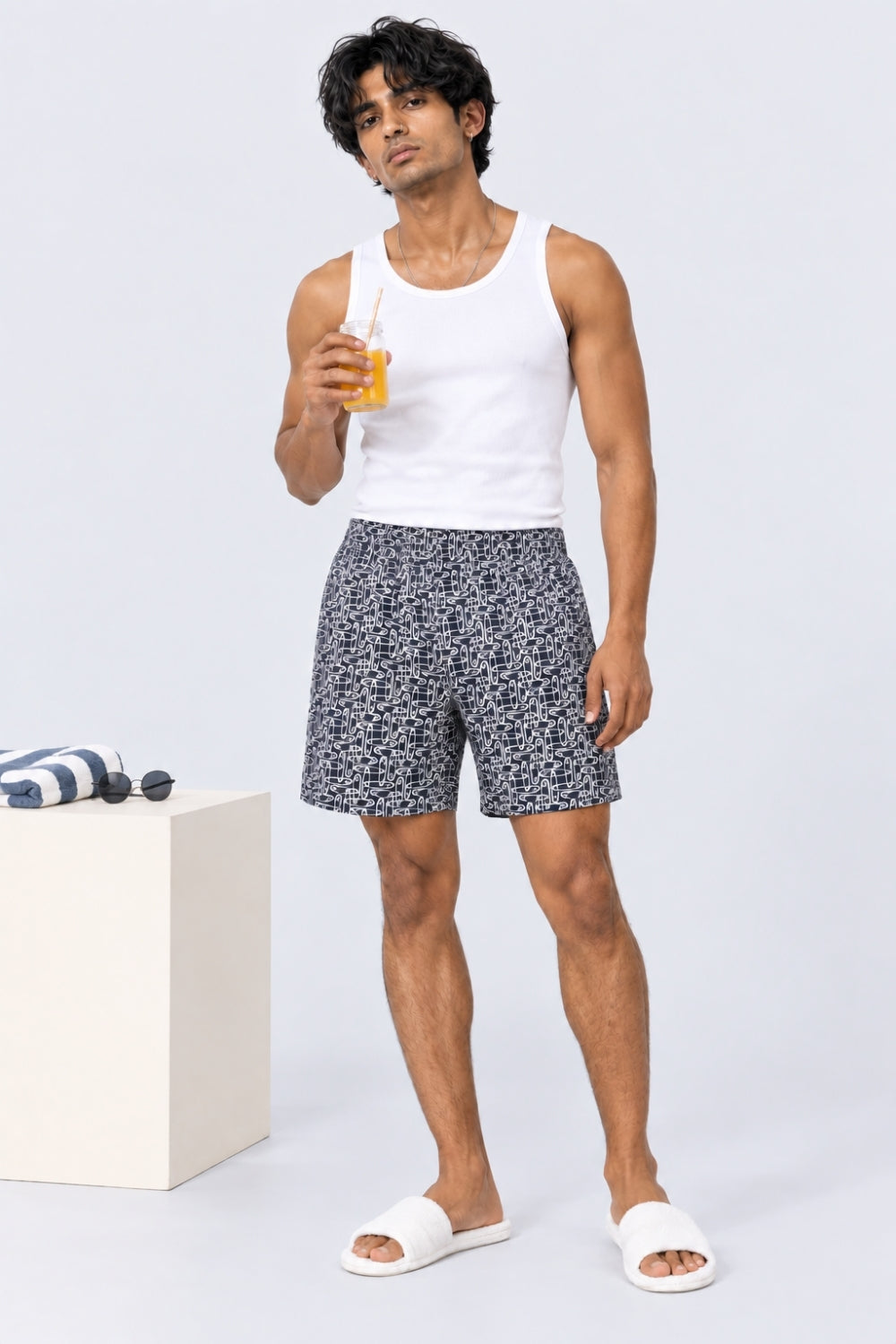 Mens Regular Fit Navy All Over Printed Boxer - Image 1