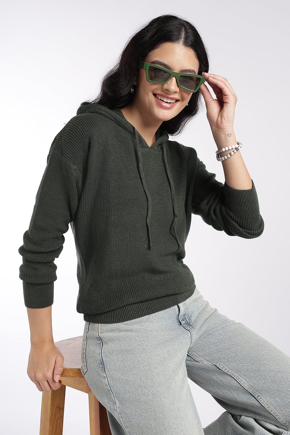Womens Olive Ribbed Hooded Sweater - Image 1