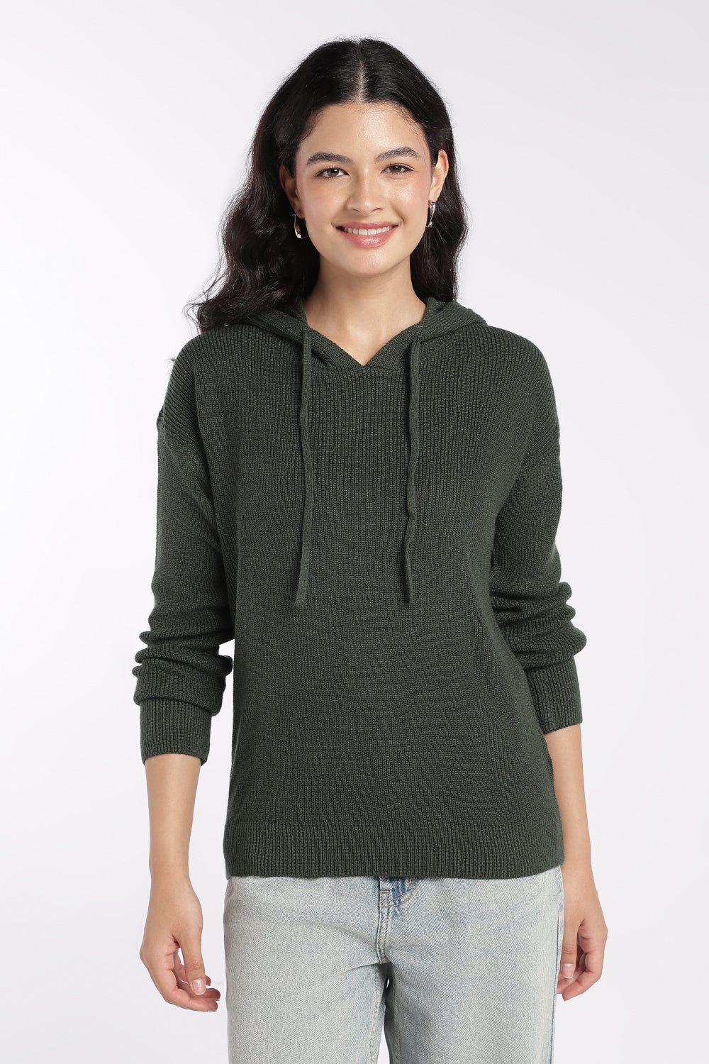 Womens Olive Ribbed Hooded Sweater - Image 2