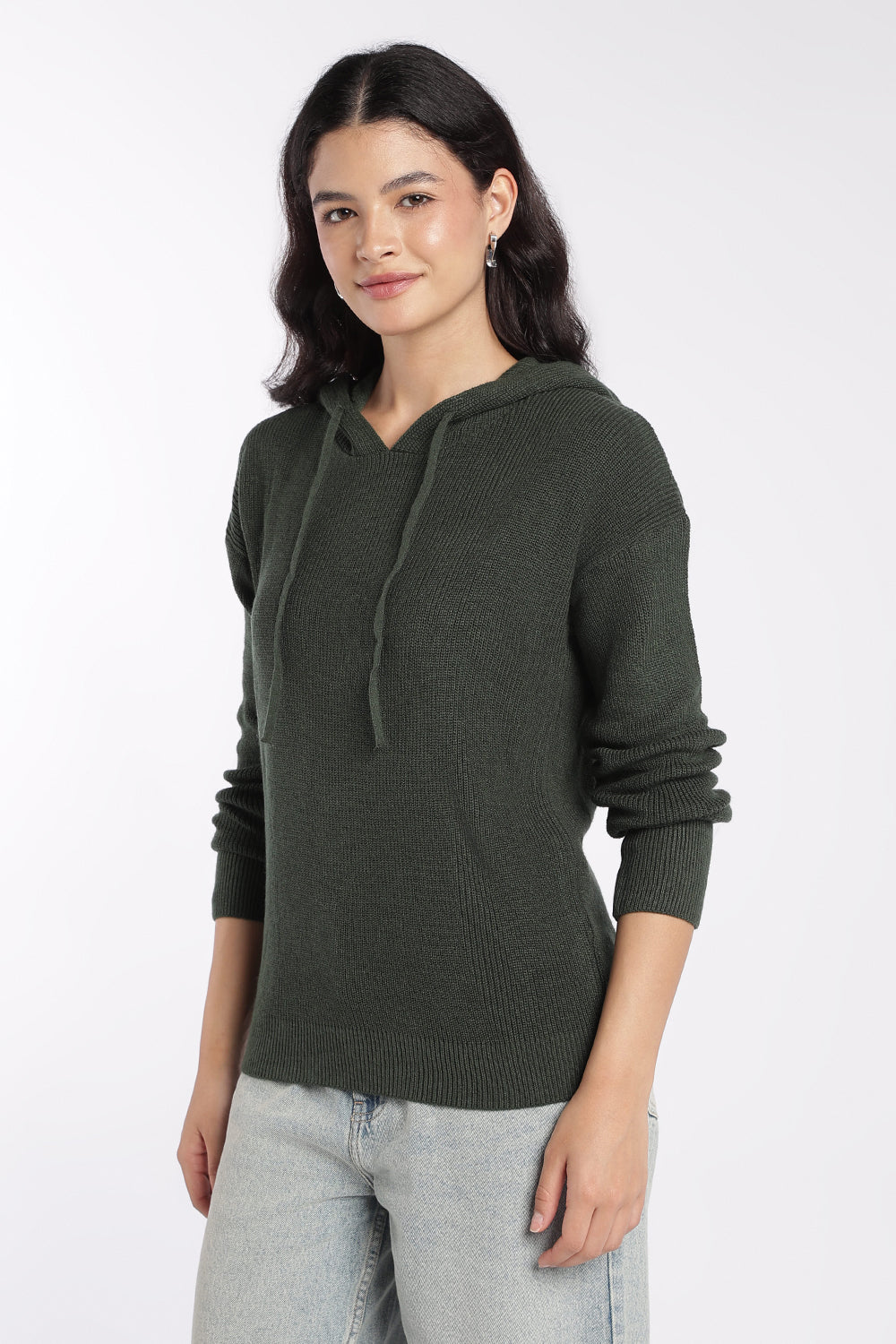 Womens Olive Ribbed Hooded Sweater - Image 4